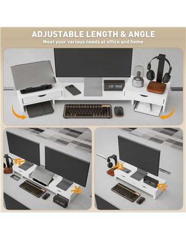 HOMCOM Dual Monitor Stand Riser with 2 Drawers, Adjustable Length and Angle, 116cm Monitor Riser for Laptop, Computer, PC, Small