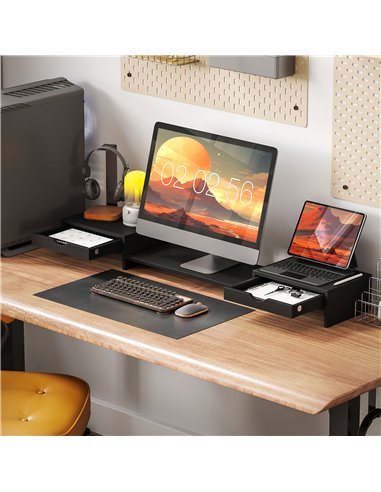 HOMCOM Dual Monitor Stand Riser with 2 Drawers, Adjustable Length and Angle, 116cm Monitor Riser for Laptop, Computer, PC, Small