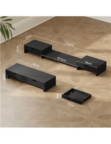 HOMCOM Dual Monitor Stand Riser with 2 Drawers, Adjustable Length and Angle, 116cm Monitor Riser for Laptop, Computer, PC, Small