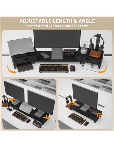 HOMCOM Dual Monitor Stand Riser with 2 Drawers, Adjustable Length and Angle, 116cm Monitor Riser for Laptop, Computer, PC, Small