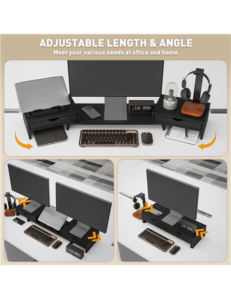HOMCOM Dual Monitor Stand Riser with 2 Drawers, Adjustable Length and Angle, 116cm Monitor Riser for Laptop, Computer, PC, Small - pic 133763 | FastDaddyshop