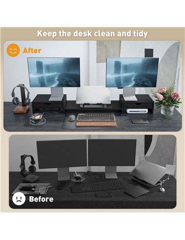 HOMCOM Dual Monitor Stand Riser with 2 Drawers, Adjustable Length and Angle, 116cm Monitor Riser for Laptop, Computer, PC, Small