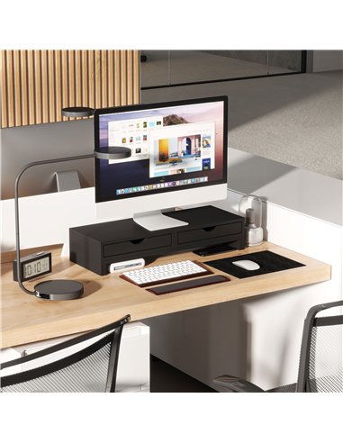 HOMCOM Dual Monitor Stand Riser with 2 Drawers, Adjustable Length and Angle, 116cm Monitor Riser for Laptop, Computer, PC, Small