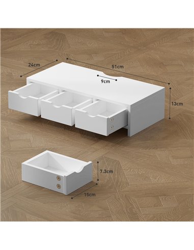 HOMCOM Monitor Stand Riser with 3 Drawers, Monitor Riser for Laptop, Computer, PC, Small Printer, 51 x 24 x 13cm, White