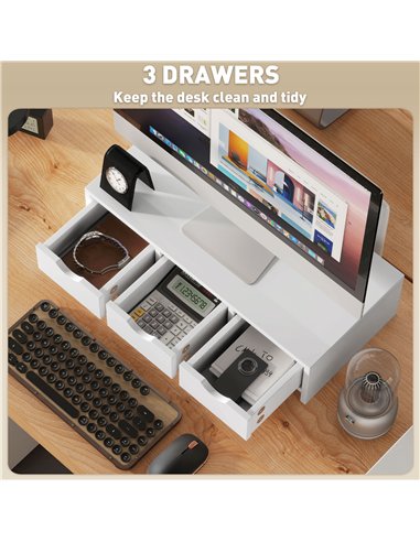 HOMCOM Monitor Stand Riser with 3 Drawers, Monitor Riser for Laptop, Computer, PC, Small Printer, 51 x 24 x 13cm, White