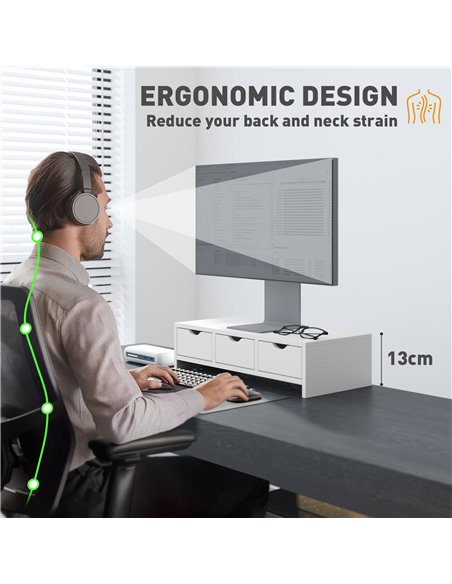HOMCOM Monitor Stand Riser with 3 Drawers, Monitor Riser for Laptop, Computer, PC, Small Printer, 51 x 24 x 13cm, White - pic 133773 | FastDaddyshop