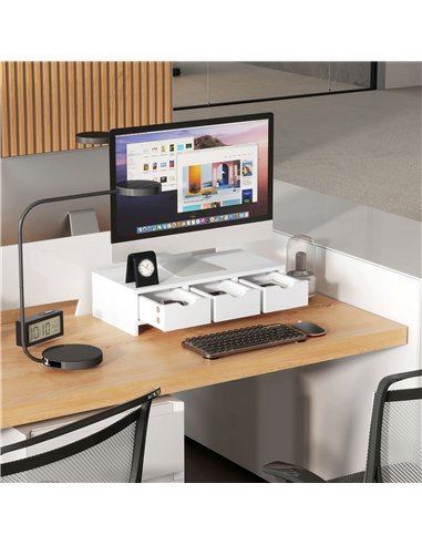 HOMCOM Monitor Stand Riser with 3 Drawers, Monitor Riser for Laptop, Computer, PC, Small Printer, 51 x 24 x 13cm, White