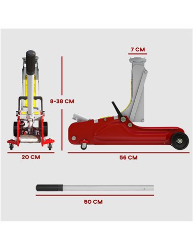 HOMCOM Low Profile Jack, Hydraulic Racing Floor Jack, 8-38cm Lifting Range, 2.5 Ton Capacity, Red