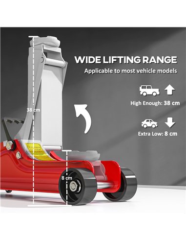 HOMCOM Low Profile Jack, Hydraulic Racing Floor Jack, 8-38cm Lifting Range, 2.5 Ton Capacity, Red