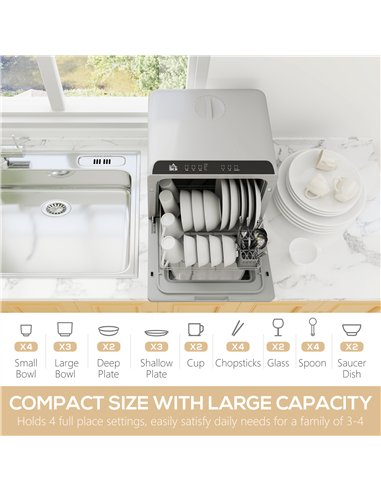 HOMCOM Table Top Dishwasher, Mini Countertop Dishwasher with Built-in 6L Water Tank, 6 Programs, Touch Control, LED Display, 4 P