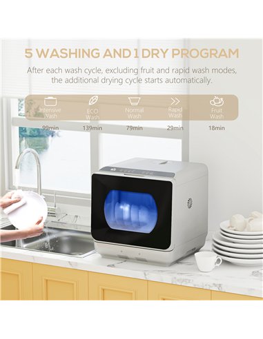 HOMCOM Table Top Dishwasher, Mini Countertop Dishwasher with Built-in 6L Water Tank, 6 Programs, Touch Control, LED Display, 4 P