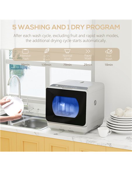 HOMCOM Table Top Dishwasher, Mini Countertop Dishwasher with Built-in 6L Water Tank, 6 Programs, Touch Control, LED Display, 4 P - pic 133827 | FastDaddyshop