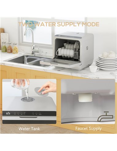 HOMCOM Table Top Dishwasher, Mini Countertop Dishwasher with Built-in 6L Water Tank, 6 Programs, Touch Control, LED Display, 4 P