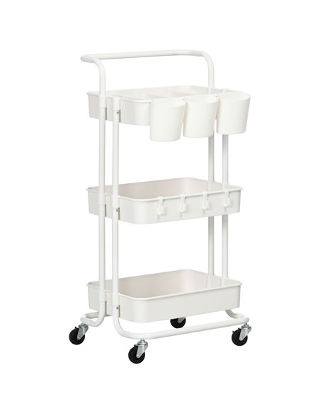HOMCOM Three-Tier Home Trolley, with Handle and Wheels - White - pic 133832 | FastDaddyshop