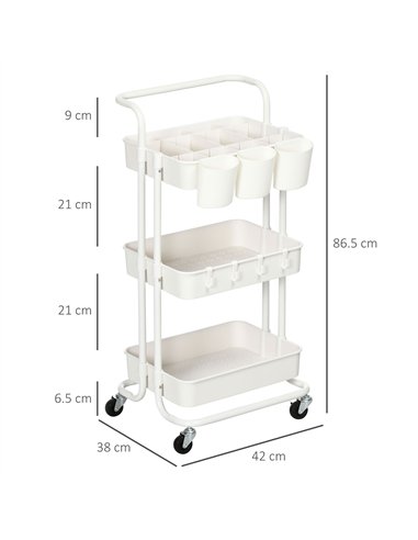 HOMCOM Three-Tier Home Trolley, with Handle and Wheels - White
