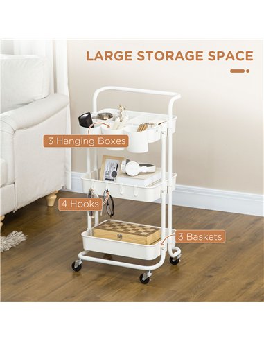 HOMCOM Three-Tier Home Trolley, with Handle and Wheels - White