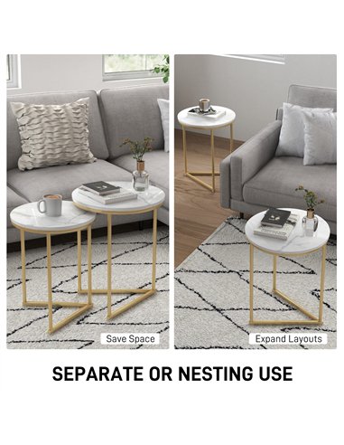 HOMCOM Set of Two Marble-Effect Nest of Tables - White/Gold-Tone
