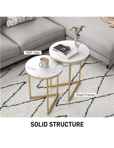 HOMCOM Set of Two Marble-Effect Nest of Tables - White/Gold-Tone