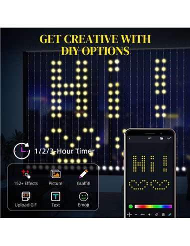 HOMCOM LED Curtain Lights, Smart Curtain Fairy Lights Plug In, Colour Changing Wall Lights with Remote, App, Dynamic DIY Hanging