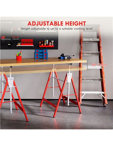 HOMCOM Set of 2 Adjustable Telescopic Builders Trestle, DIY Steel Work Bench Carpenter, Folding Saw Horse Tools Red