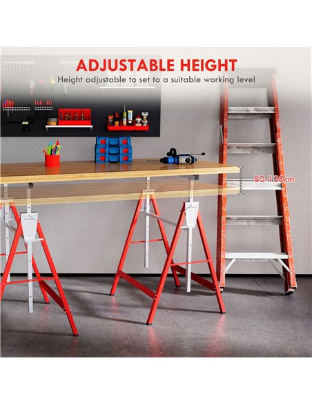 HOMCOM Set of 2 Adjustable Telescopic Builders Trestle, DIY Steel Work Bench Carpenter, Folding Saw Horse Tools Red - pic 133880 | FastDaddyshop