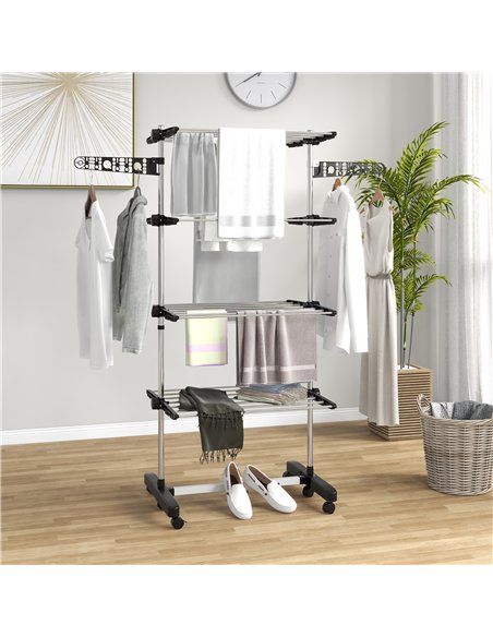 HOMCOM Four-Shelf Collapsing Clothes Horse, With Side Arms and Wheels - Black - pic 133887 | FastDaddyshop