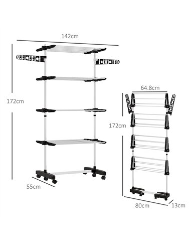 HOMCOM Four-Shelf Collapsing Clothes Horse, With Side Arms and Wheels - Black