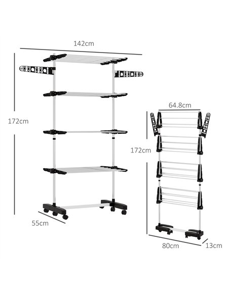 HOMCOM Four-Shelf Collapsing Clothes Horse, With Side Arms and Wheels - Black - pic 133888 | FastDaddyshop