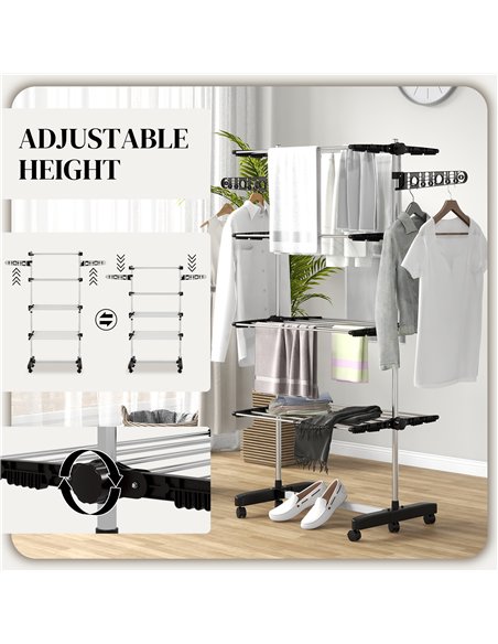 HOMCOM Four-Shelf Collapsing Clothes Horse, With Side Arms and Wheels - Black - pic 133889 | FastDaddyshop