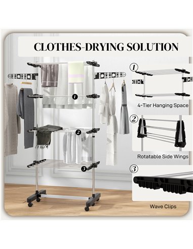 HOMCOM Four-Shelf Collapsing Clothes Horse, With Side Arms and Wheels - Black