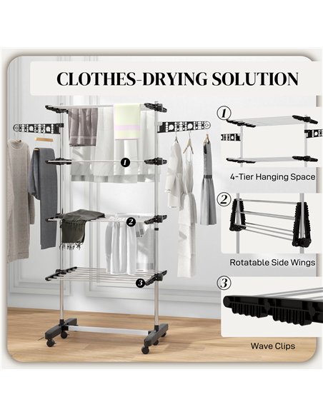 HOMCOM Four-Shelf Collapsing Clothes Horse, With Side Arms and Wheels - Black - pic 133890 | FastDaddyshop