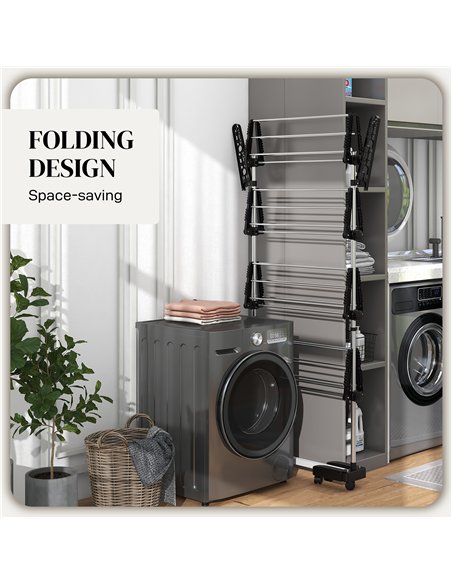 HOMCOM Four-Shelf Collapsing Clothes Horse, With Side Arms and Wheels - Black - pic 133891 | FastDaddyshop