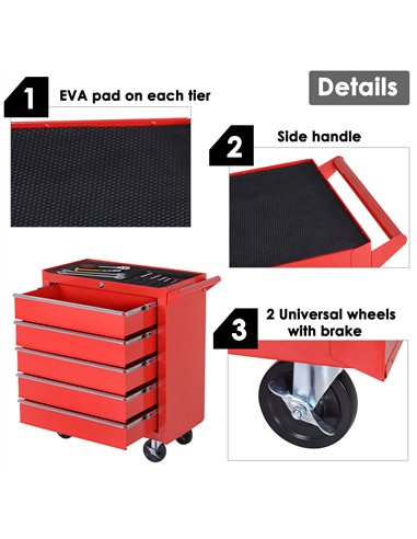 DURHAND 5-Drawer Lockable Tool Storage Cabinet with Wheels, Handle, 2 Keys, Steel Home Work DIY Workshop Chest, Garage Equipment