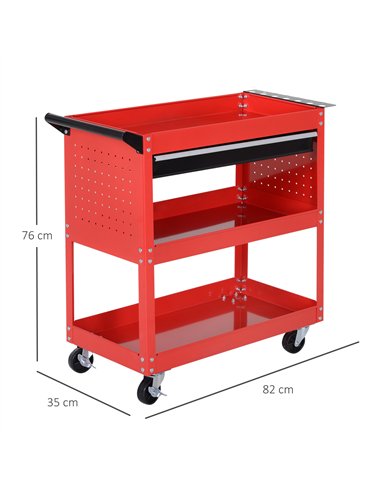 DURHAND 3-Tier Tool Trolley Cart Storage Shelf Roller Cabinet DIY Box Garage Workshop with Drawer Red