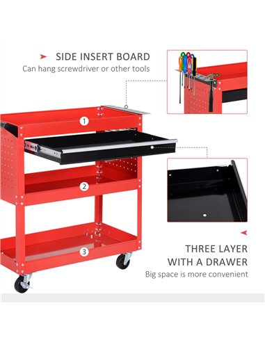 DURHAND 3-Tier Tool Trolley Cart Storage Shelf Roller Cabinet DIY Box Garage Workshop with Drawer Red