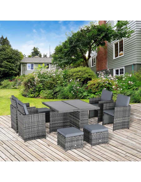 Outsunny 8-Seater Garden Furniture Rattan Dining Set with Cushion, Grey - pic 13394 | FastDaddyshop