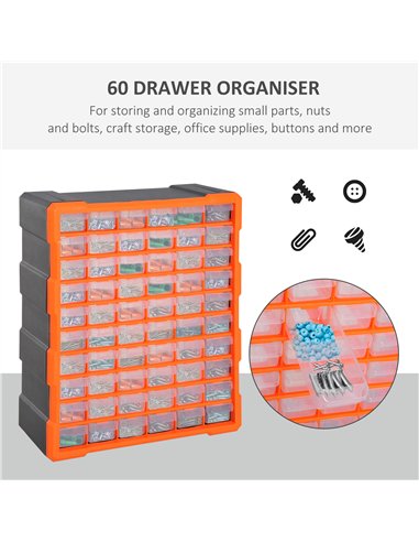 DURHAND 60 Drawers Parts Organiser Wall Mount Storage Cabinet Garage Small Nuts Bolts Tools Clear Orange