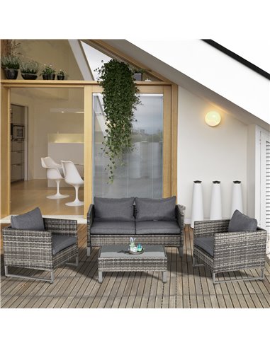 Outsunny 4 Pieces PE Rattan Garden Furniture Set with Cushion, Glass Top Coffee Table, Dark Drey