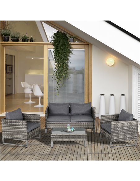 Outsunny 4 Pieces PE Rattan Garden Furniture Set with Cushion, Glass Top Coffee Table, Dark Drey - pic 13396 | FastDaddyshop