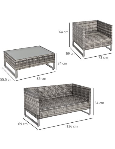 Outsunny 4 Pieces PE Rattan Garden Furniture Set with Cushion, Glass Top Coffee Table, Dark Drey