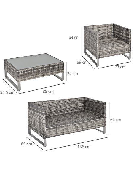 Outsunny 4 Pieces PE Rattan Garden Furniture Set with Cushion, Glass Top Coffee Table, Dark Drey - pic 13397 | FastDaddyshop