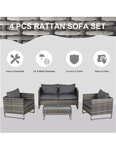 Outsunny 4 Pieces PE Rattan Garden Furniture Set with Cushion, Glass Top Coffee Table, Dark Drey