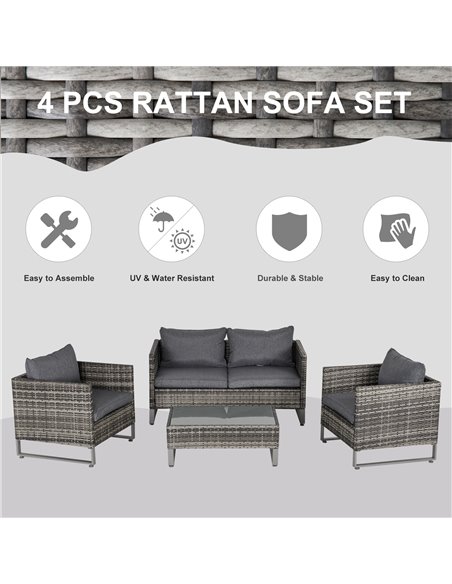 Outsunny 4 Pieces PE Rattan Garden Furniture Set with Cushion, Glass Top Coffee Table, Dark Drey - pic 13398 | FastDaddyshop