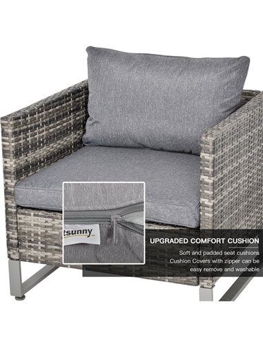 Outsunny 4 Pieces PE Rattan Garden Furniture Set with Cushion, Glass Top Coffee Table, Dark Drey
