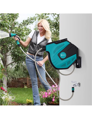 DURHAND 15m Garden Auto Hose Reel Wall Mounted Retractable 7 Patterns Spray Nozzle