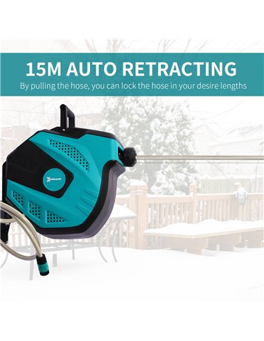 DURHAND 15m Garden Auto Hose Reel Wall Mounted Retractable 7 Patterns Spray Nozzle