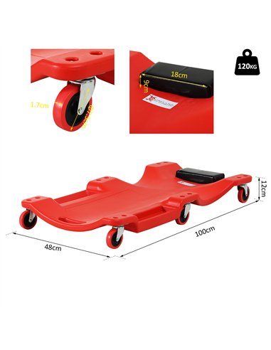 DURHAND Mechanic Vehicle Creeper Under Car Repair Padded Headrest Rolling Moulded Workshop Garage Assistance with Tool Tray, Red