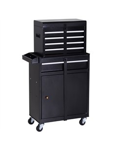 DURHAND Tool Chest 2 in 1 Metal Tool Cabinet Storage Box with 5 Drawers Pegboard Wheels 60x28x104.5cm Black