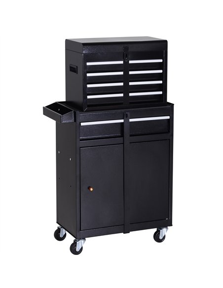 DURHAND Tool Chest 2 in 1 Metal Tool Cabinet Storage Box with 5 Drawers Pegboard Wheels 60x28x104.5cm Black - pic 134048 | FastDaddyshop