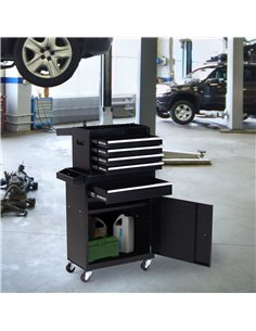 DURHAND Tool Chest 2 in 1 Metal Tool Cabinet Storage Box with 5 Drawers Pegboard Wheels 60x28x104.5cm Black 2